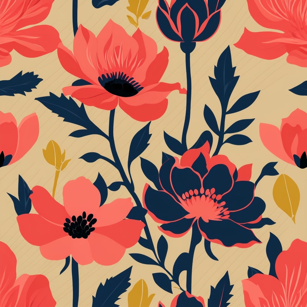 Vibrant Floral Pattern in Coral, Navy, and Mustard Seamless Pattern