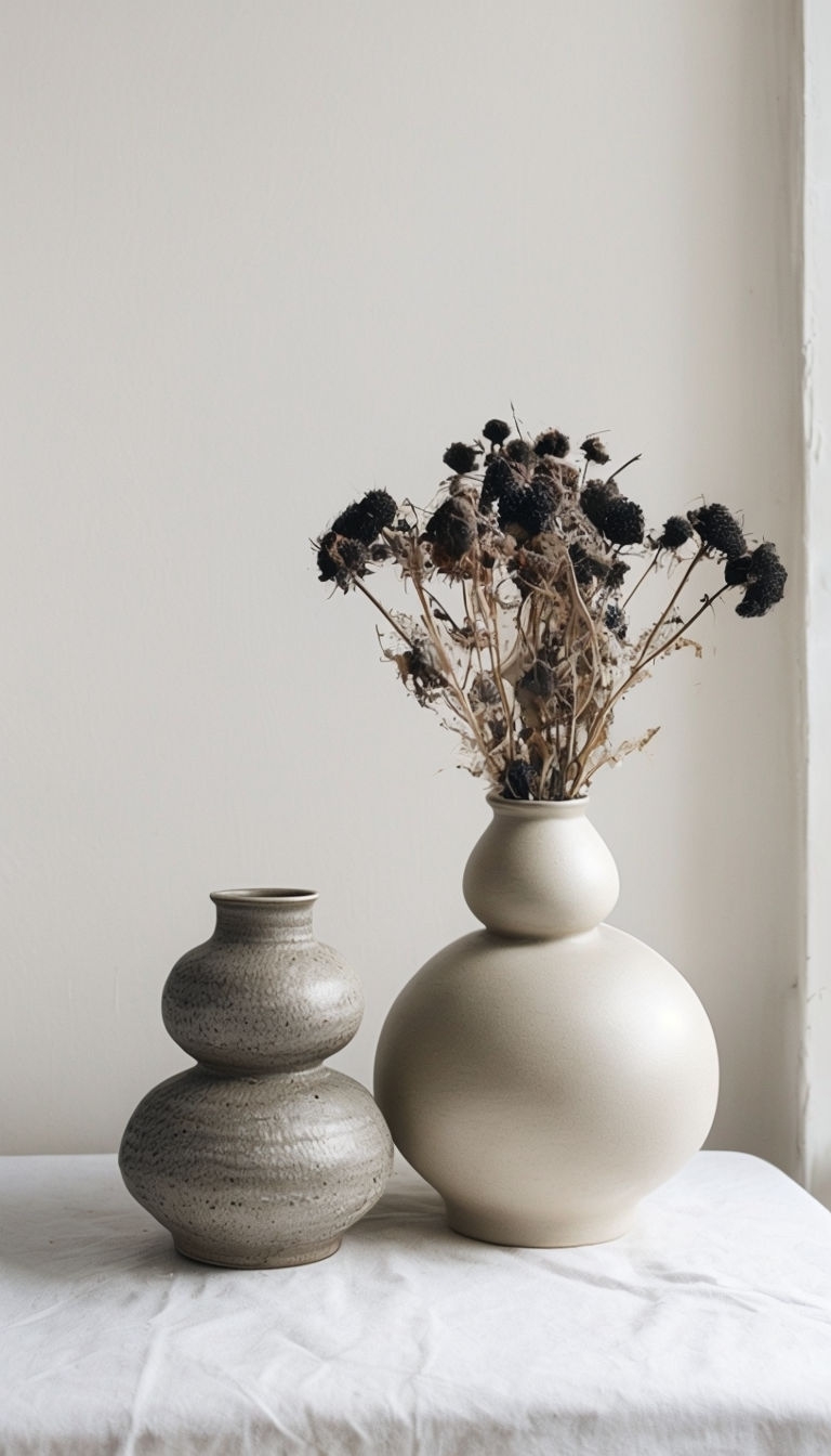 Elegant Ceramic Vases Still Life with Dried Flowers Mobile Wallpaper