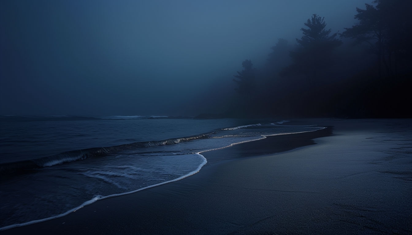 Mysterious Foggy Beach Scene with Moonlight Virtual Background
