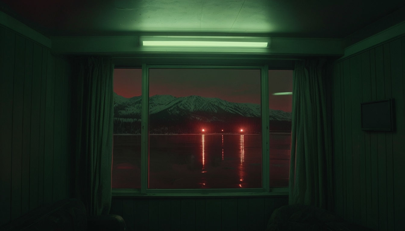 Nighttime Window View with Snowy Mountains Virtual Background