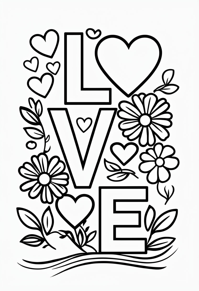 Playful LOVE Word Art with Hearts and Flowers Coloring Page