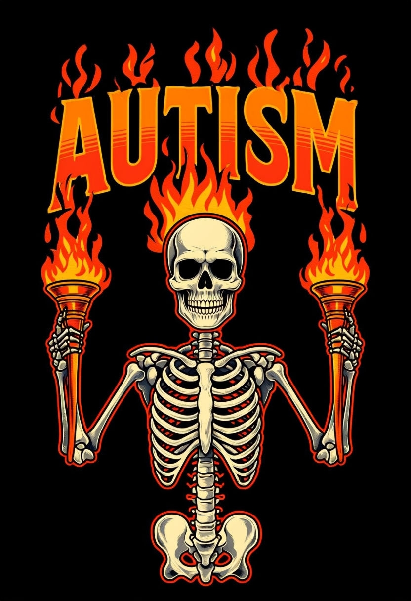 Striking Skeleton Illustration with Fiery Autism Message Poster