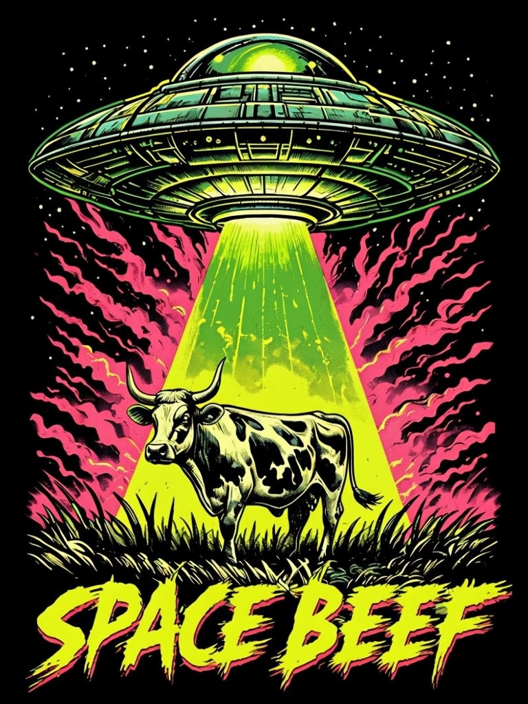 Vibrant Retro Sci-Fi Flying Saucer and Cow Illustration Poster