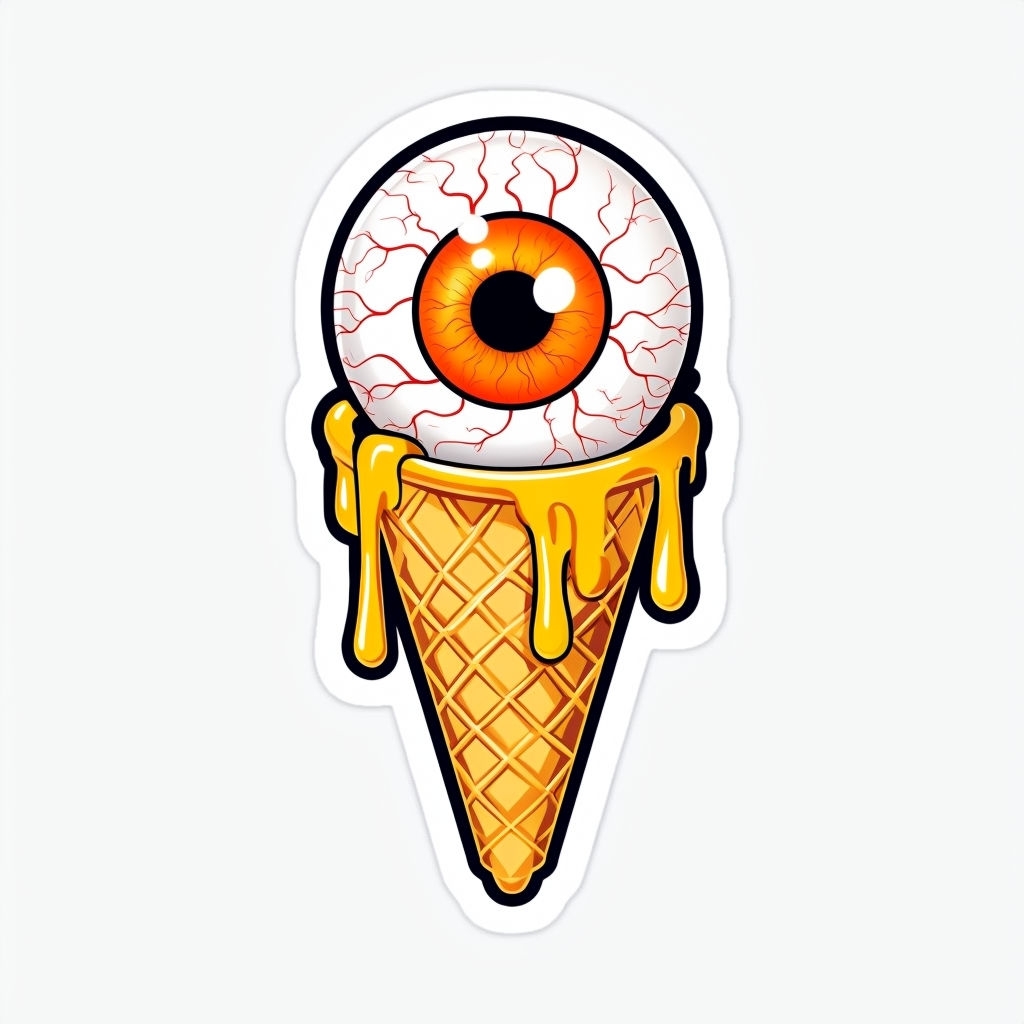 Whimsical Ice Cream Cone with Surreal Eyeball Sticker