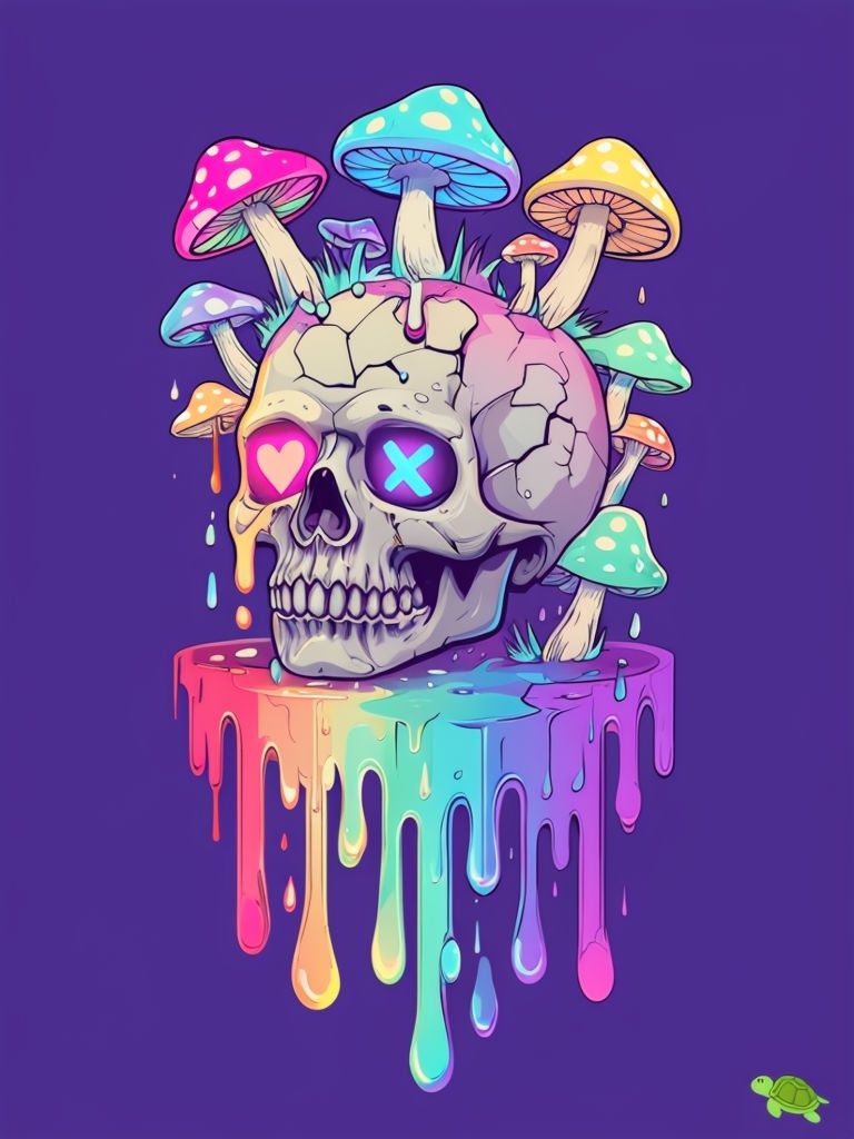 Vibrant Skull with Colorful Mushrooms and Dripping Paint T-Shirt