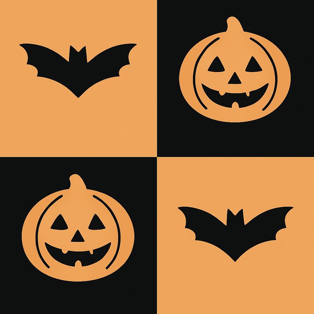 Halloween Themed Black Bat and Jack-o'-Lantern Checkerboard Pattern Seamless Pattern
