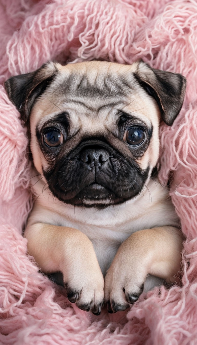 Adorable Light Fawn Pug Puppy in Pastel Pink Blanket Art