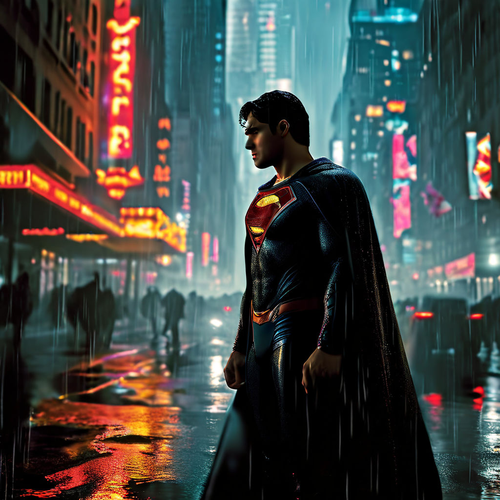 Superman and Lois Lane swaying romantically under a dusky rain-soaked sky