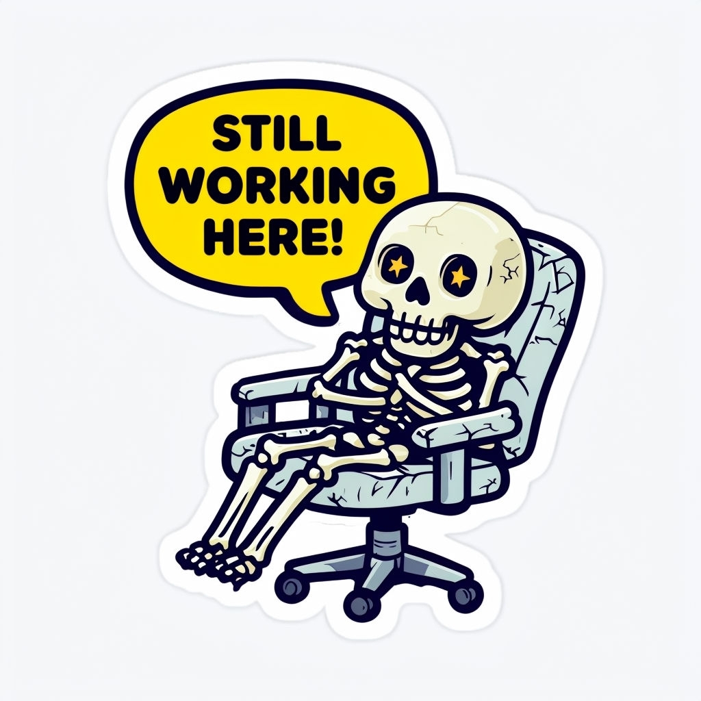 Comical Skeleton in Vintage Office Chair Sticker Design