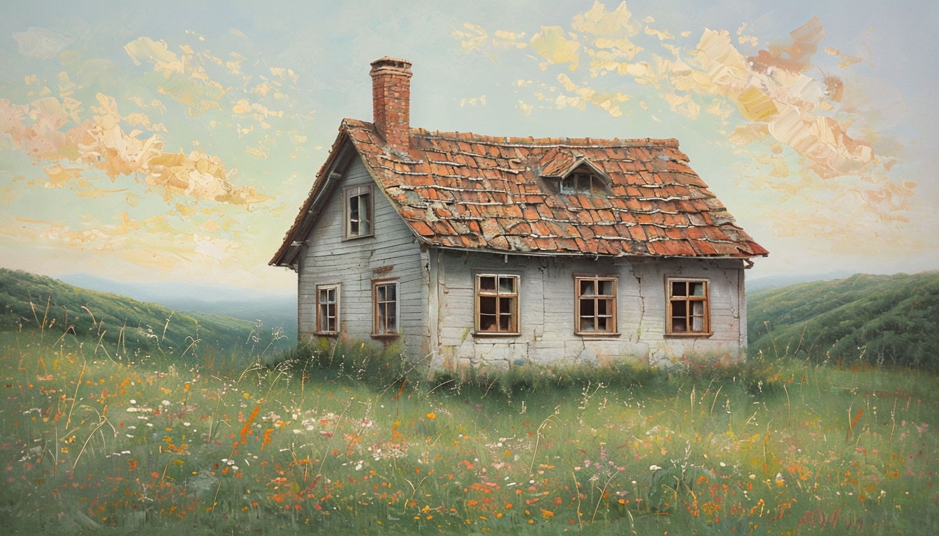 Rustic House in Serene Landscape with Colorful Wildflowers Background