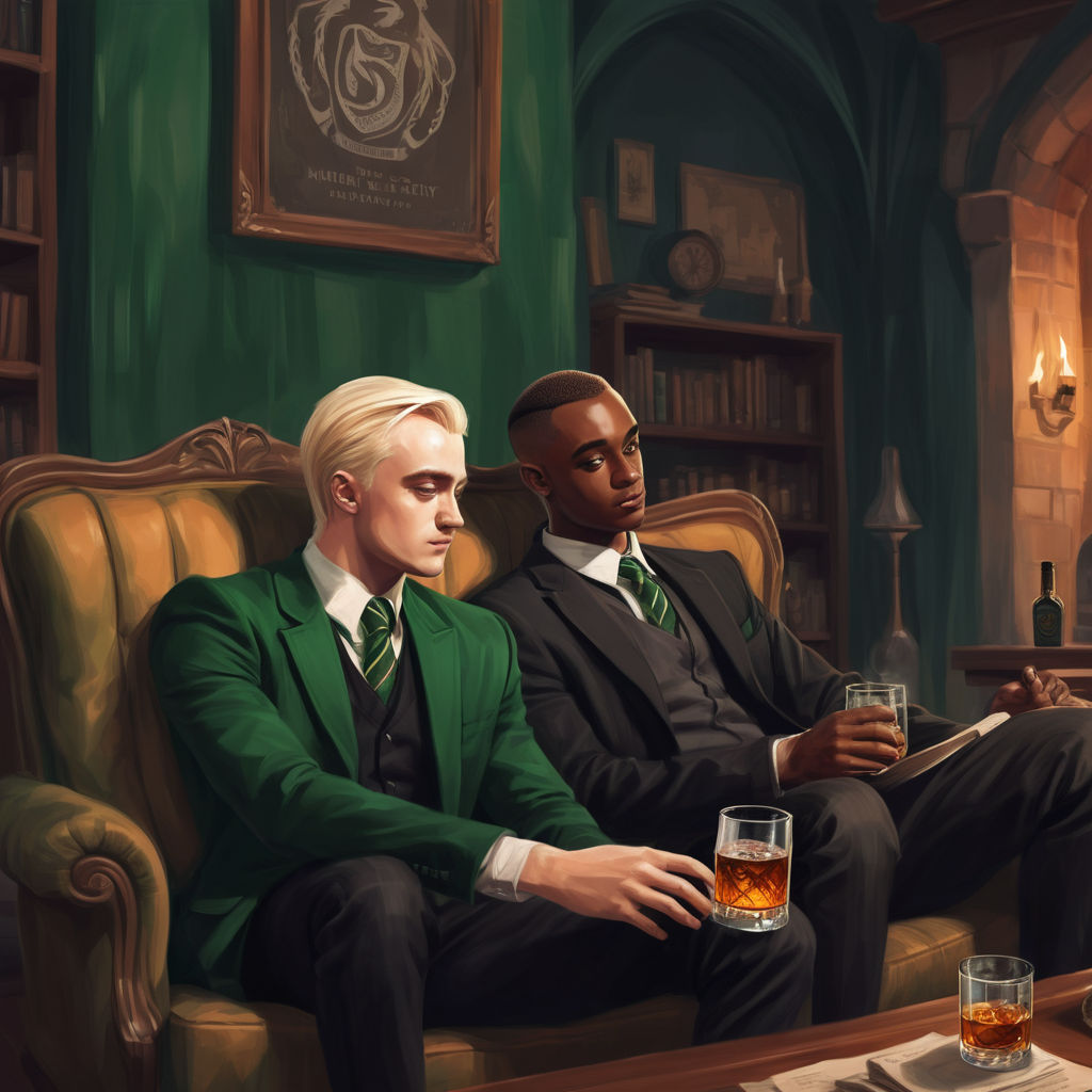 Draw two people sitting in a Slytherin living room drinking by
