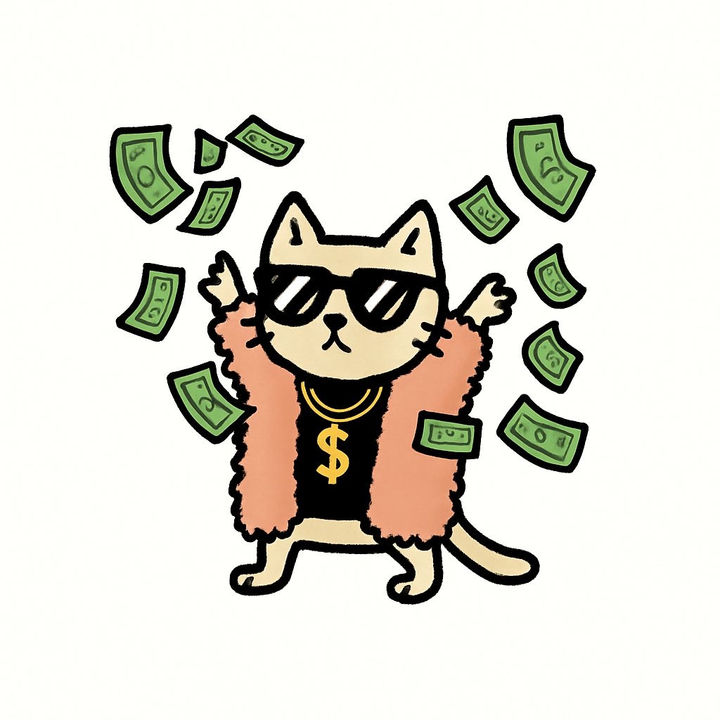 Cool Cartoon Cat Character Surrounded by Money Sticker