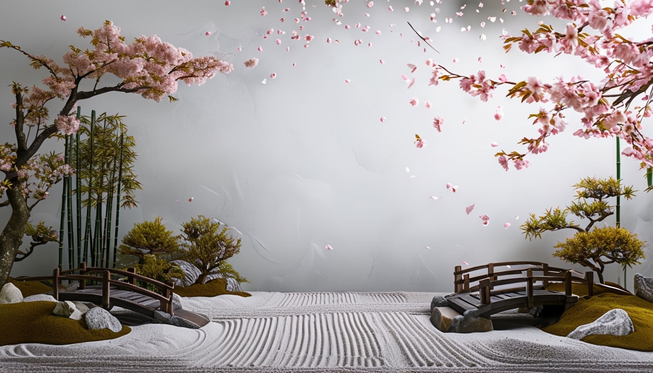 Serene Japanese Zen Garden with Cherry Blossoms Background