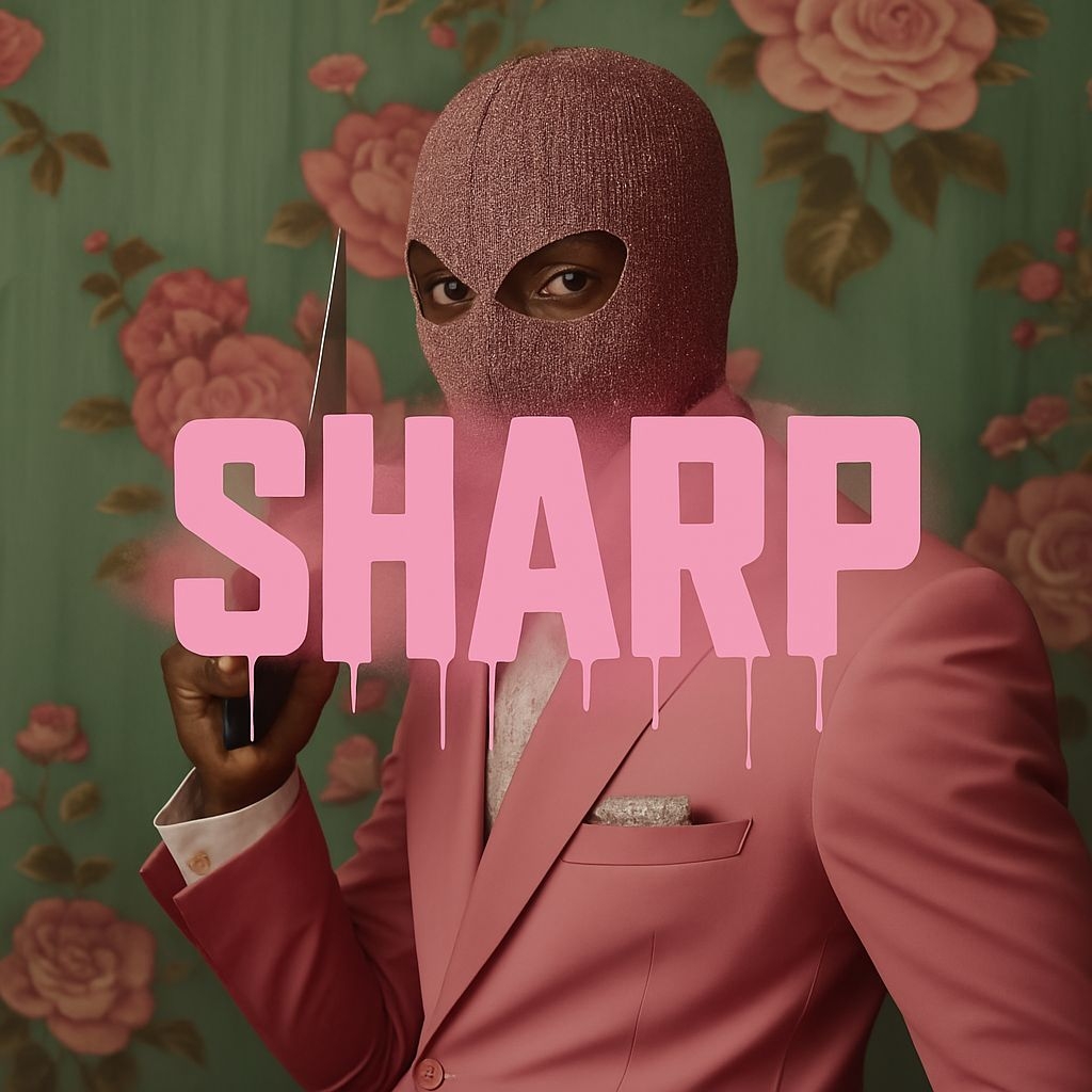 Edgy Portrait in Sparkling Pink Ski Mask and Suit Album Cover