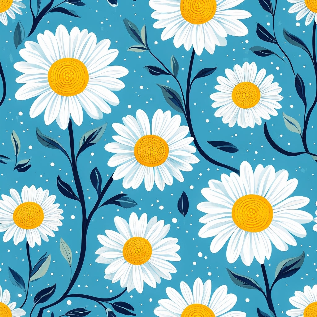 Vibrant Daisy Floral Pattern with Blue Background Seamless Pattern