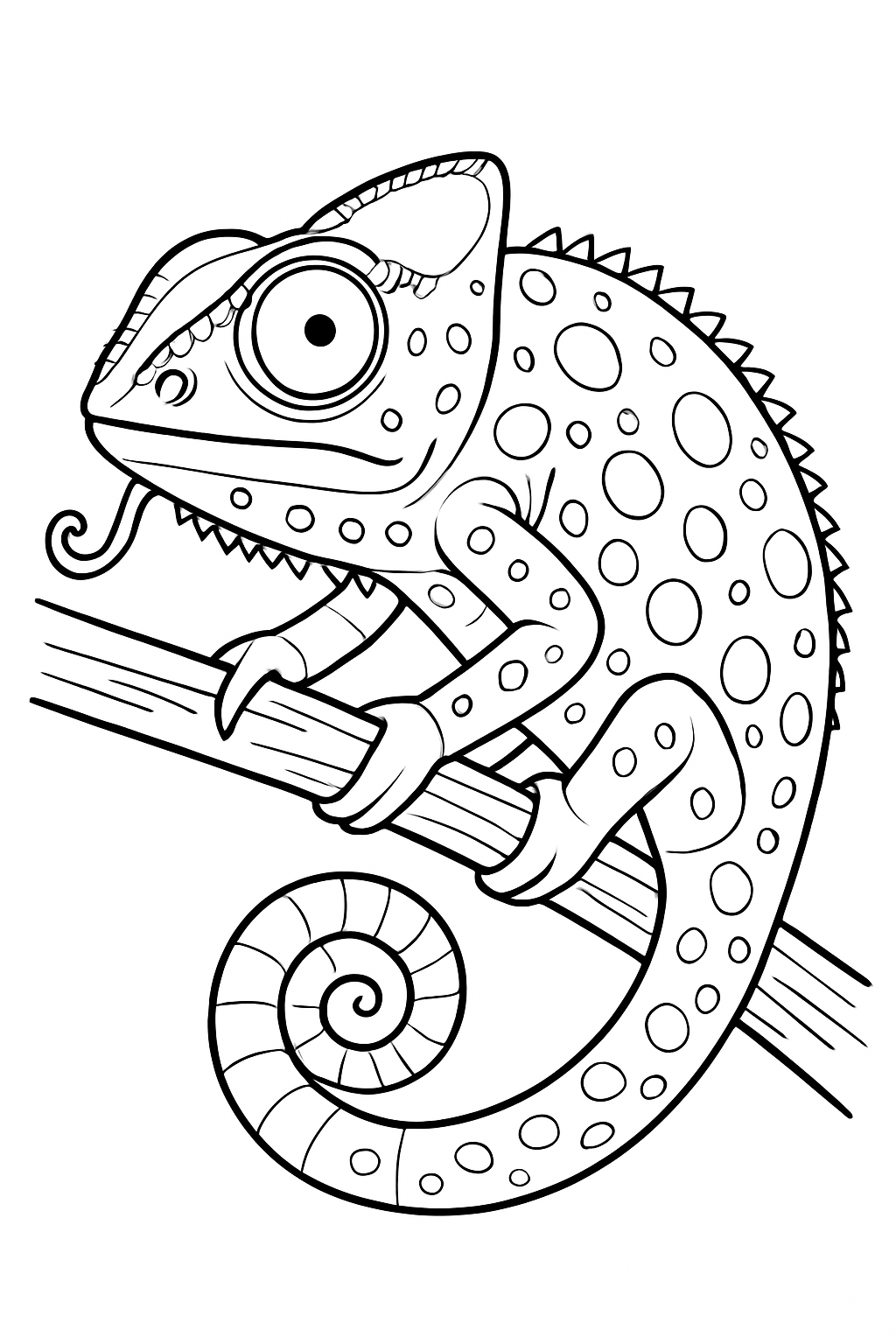 Playful Cartoon Chameleon on Branch Coloring Book Page