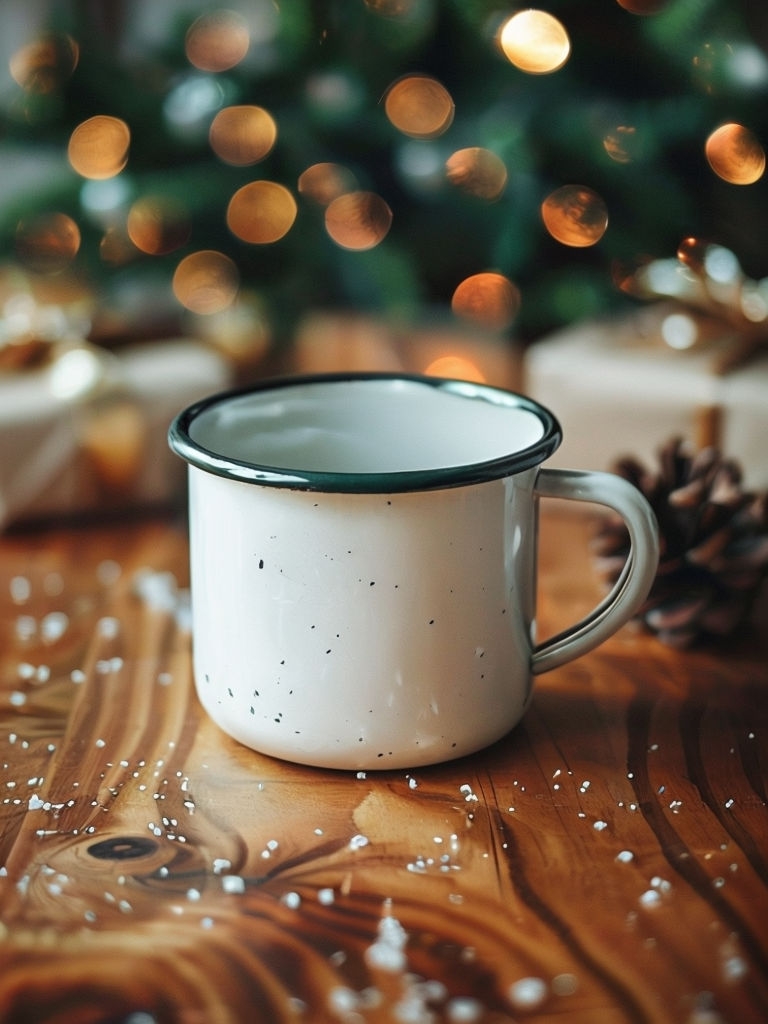 Cozy White Enamel Mug with Christmas Tree Background Photo Mockup