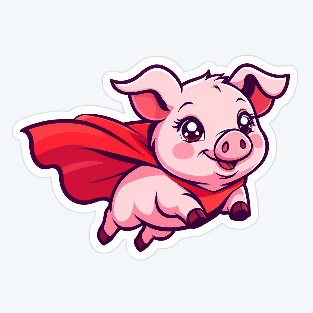 Joyful Piglet Superhero Soaring Illustration Sticker