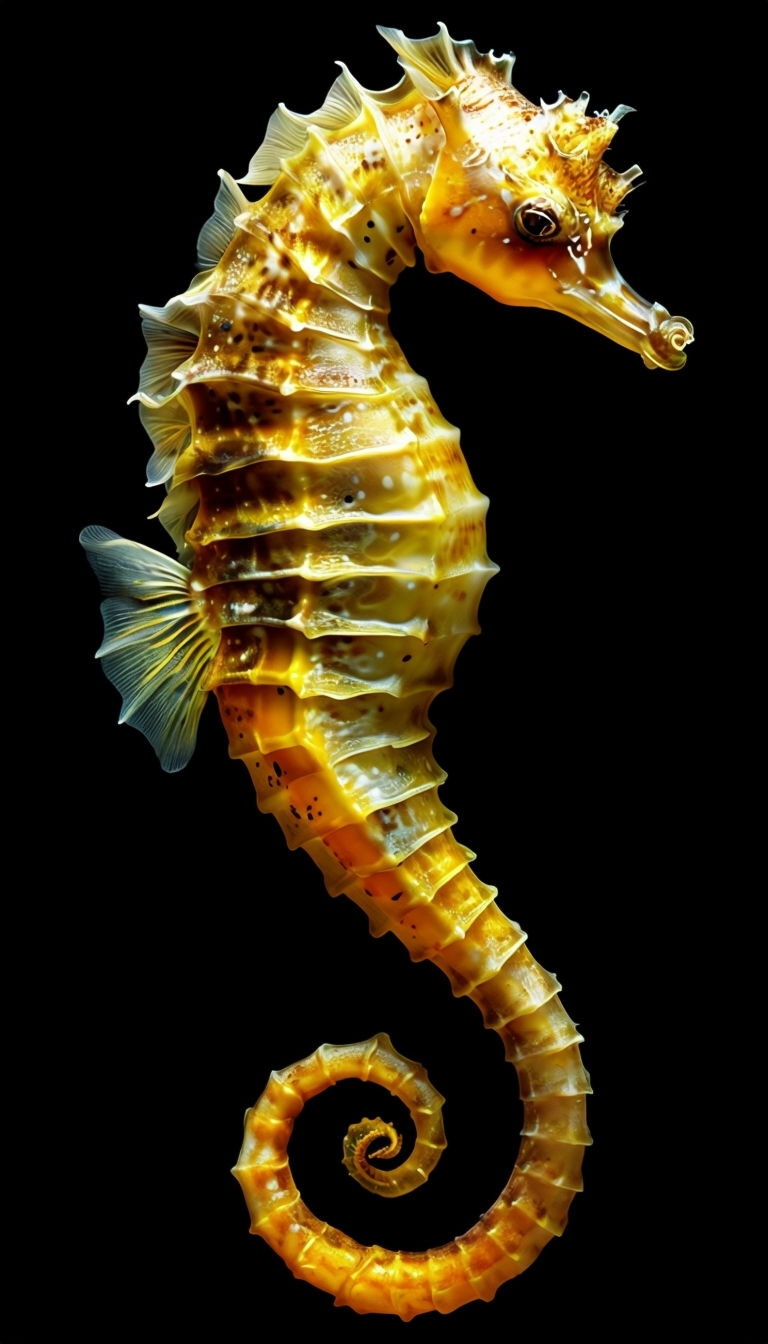 Vibrant Golden Seahorse Digital Artwork on Black Background Mobile Wallpaper