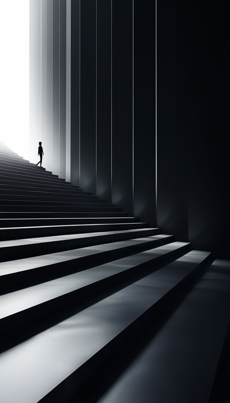 Minimalist Black and White Staircase with Human Silhouette Mobile Wallpaper