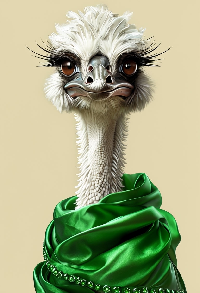 Elegant Ostrich Head Portrait with Emerald Green Drapery Art