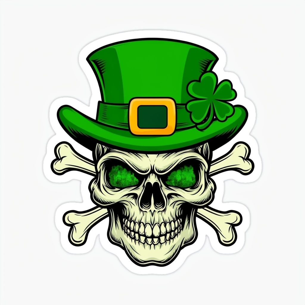 Eerie Cartoon Skull with Green Top Hat Sticker Design