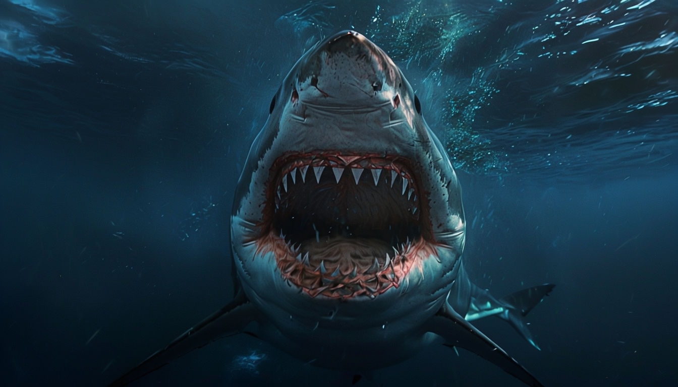 Intense Great White Shark Underwater Scene Virtual Background