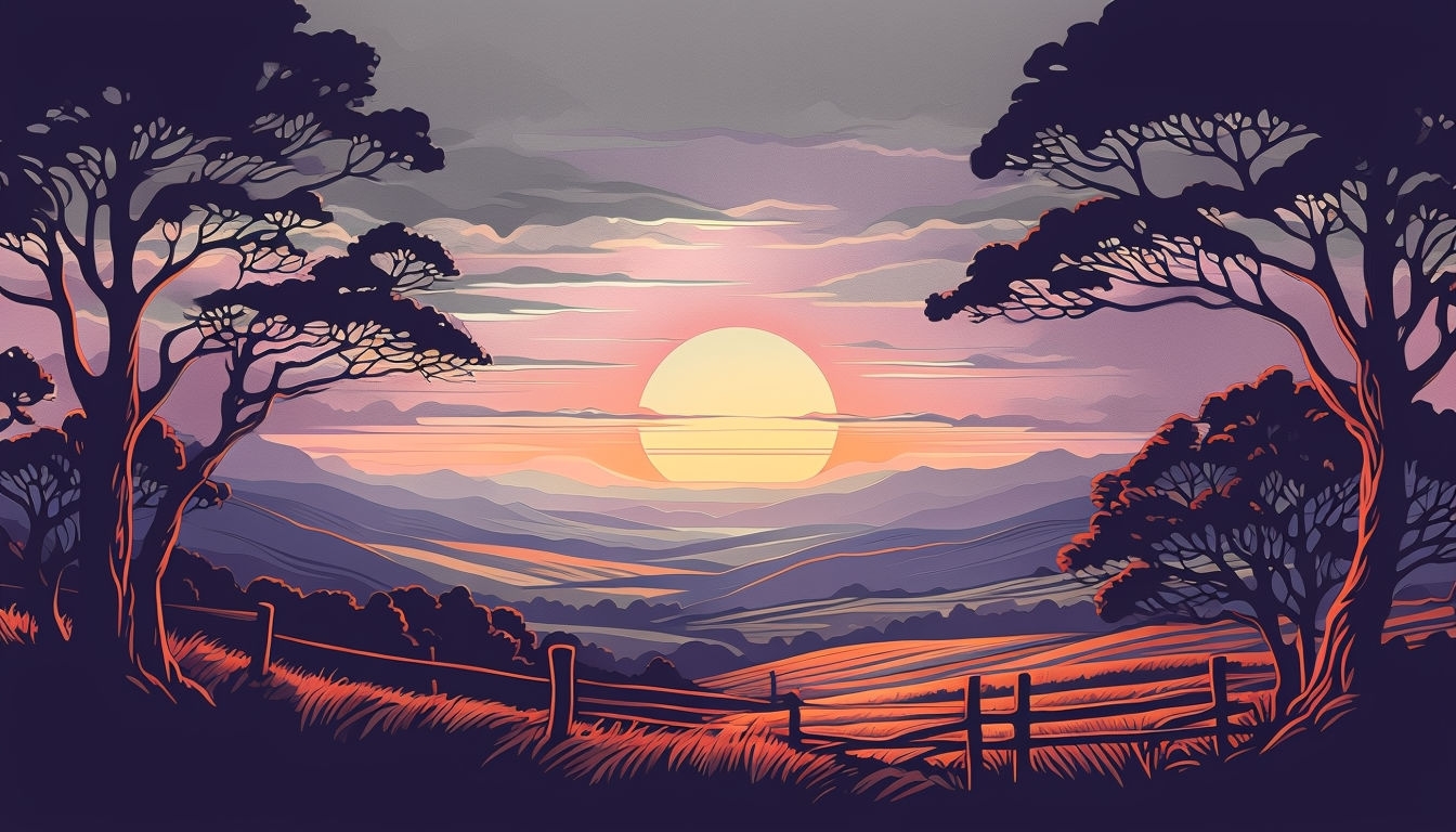 Serene Vintage Sunset Landscape Illustration for Virtual Backgrounds