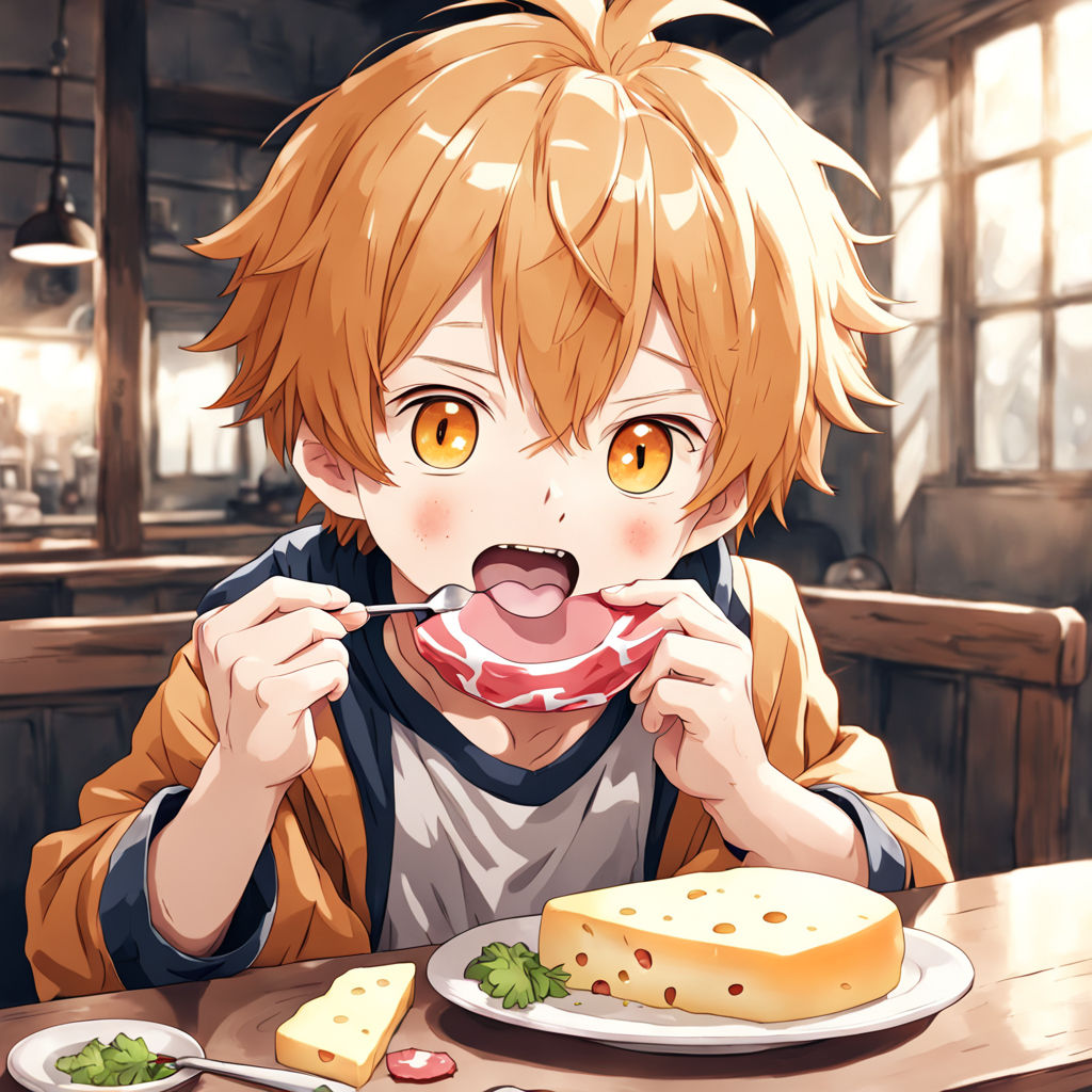 Cute anime boy eating ham cheese by Jen Sirida - Playground