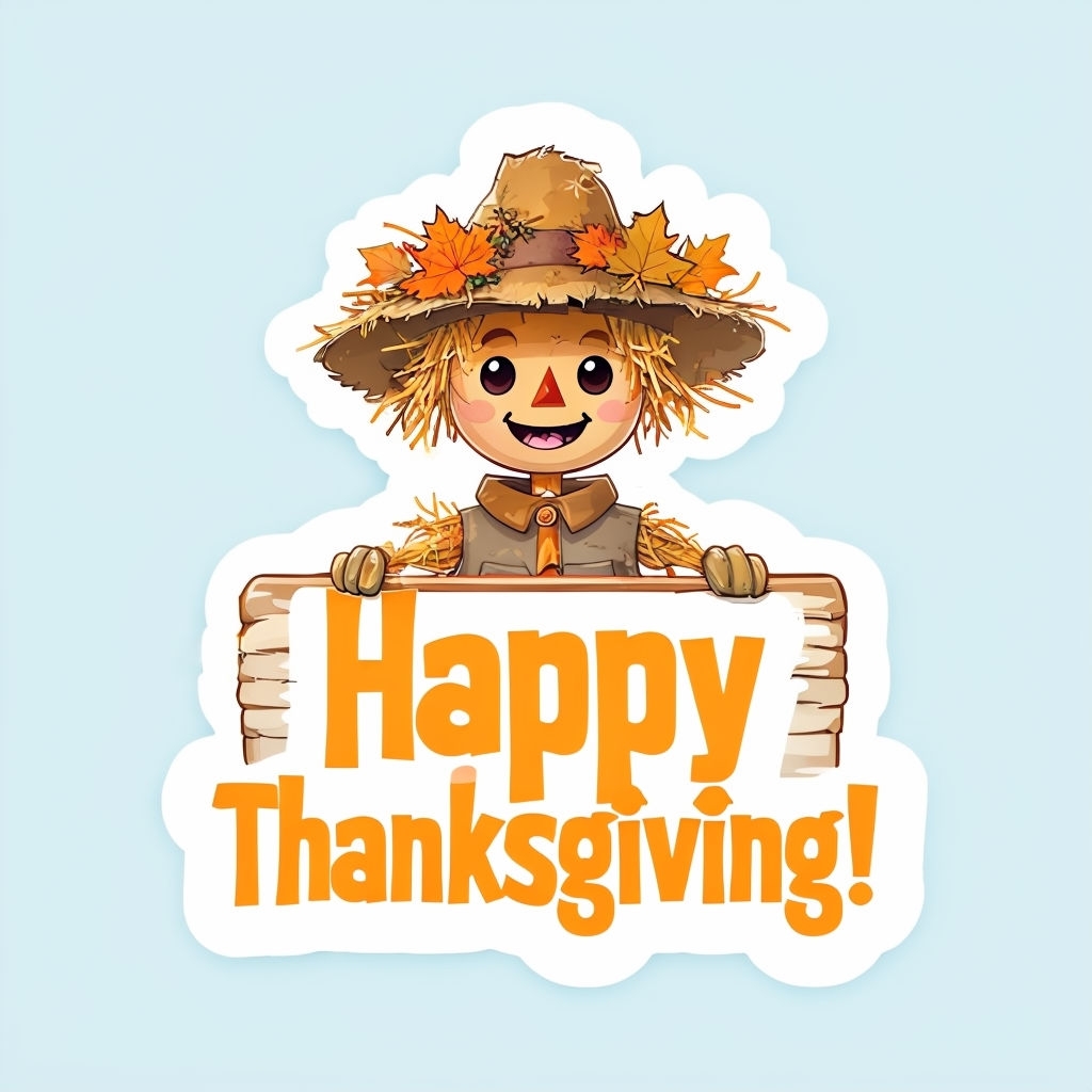 Cheerful Cartoon Scarecrow with Happy Thanksgiving Sign Sticker