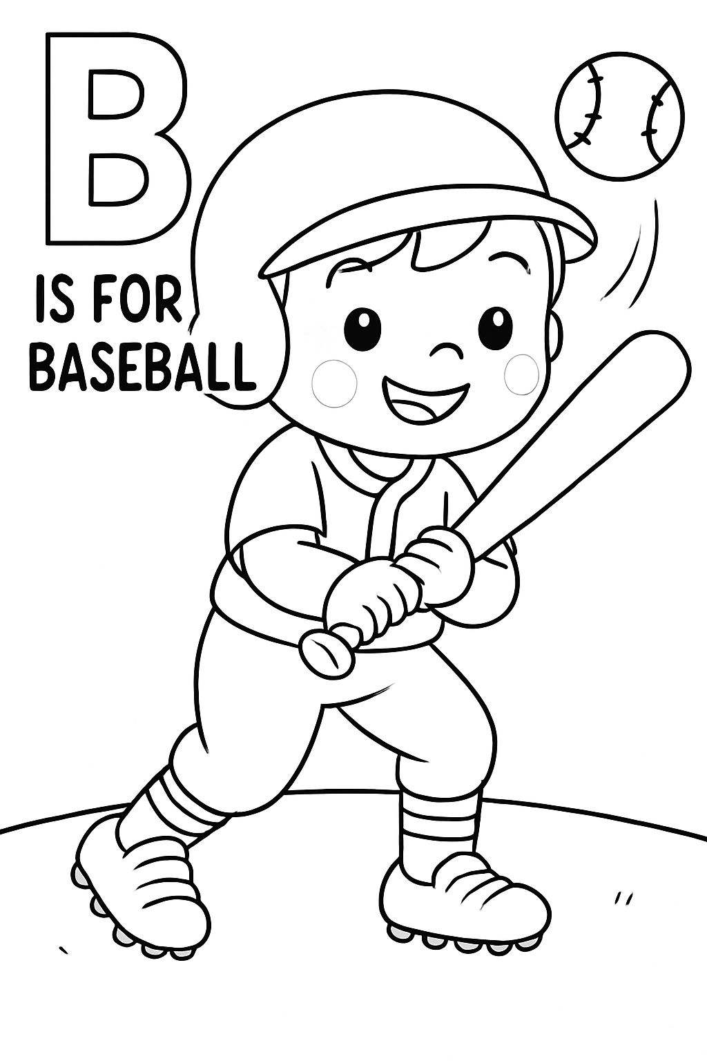 Cheerful Cartoon Boy Ready to Hit a Baseball Coloring Book Page