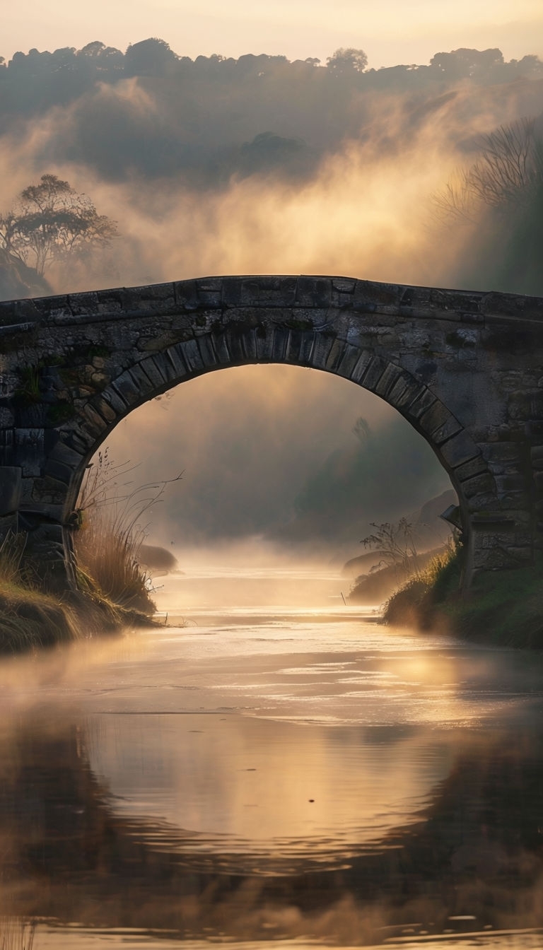 Rustic Stone Bridge Over Misty River at Dawn Mobile Wallpaper