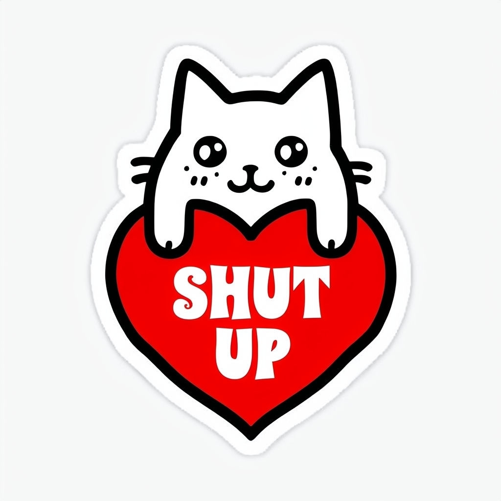 Whimsical White Cat Climbing a Heart 'Shut Up' Sticker