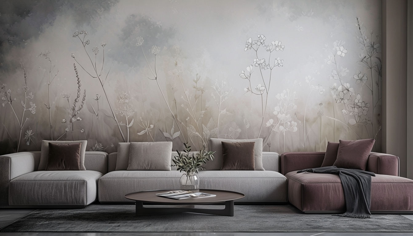 Elegant Modern Living Room Design with Floral Wallpaper Art