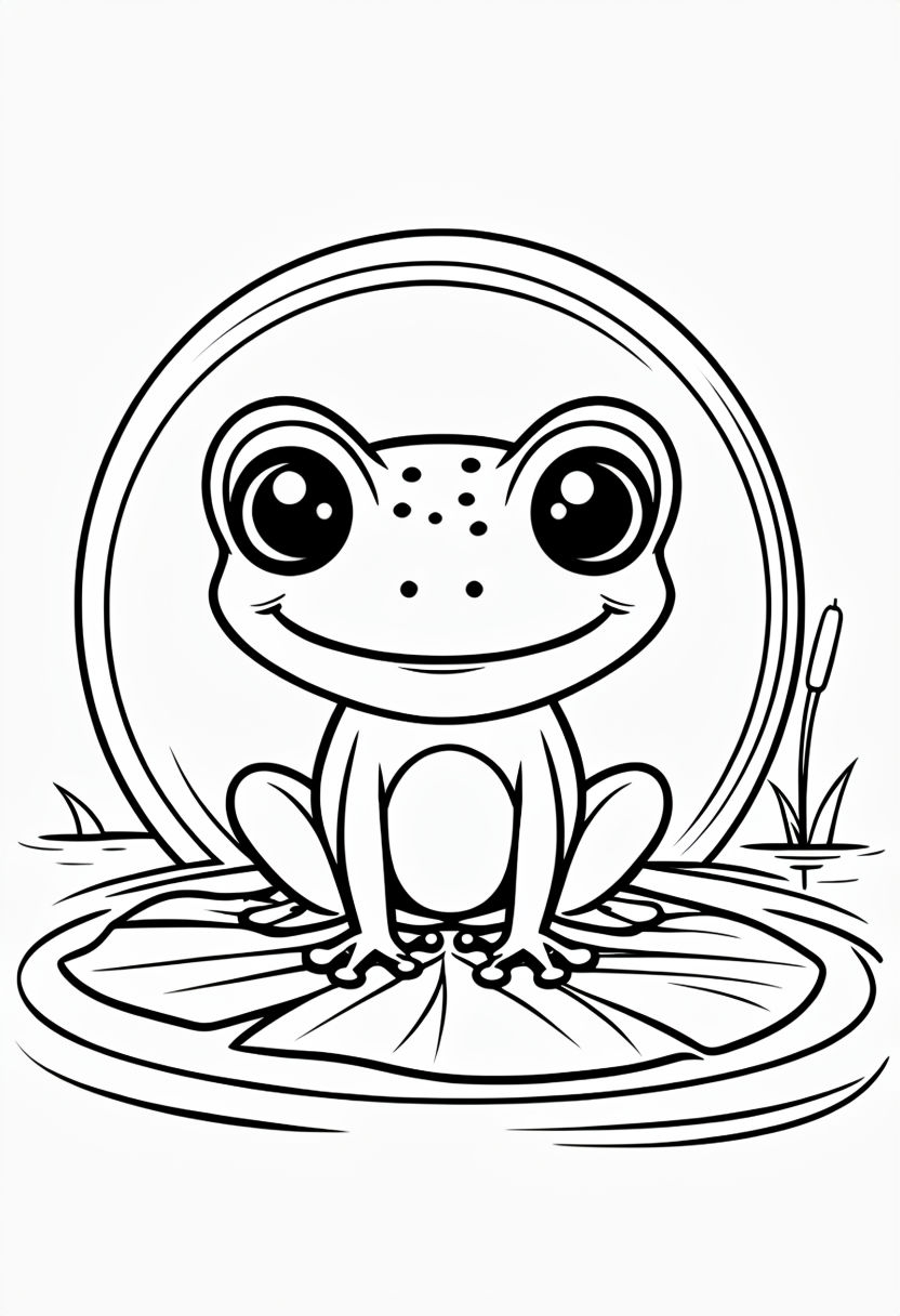 Happy Smiling Frog on Lily Pad Line Drawing Coloring Book Page