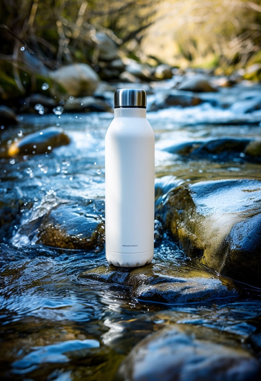 Sleek White Stainless Steel Water Bottle Mockup in Nature