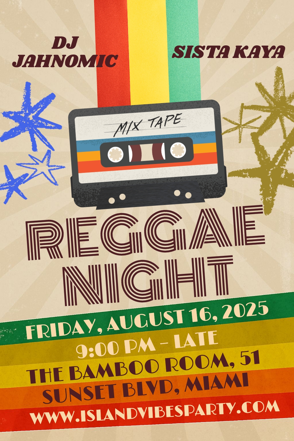 Retro Reggae Night Event Flyer with DJ Jahnomic and Sista Kaya