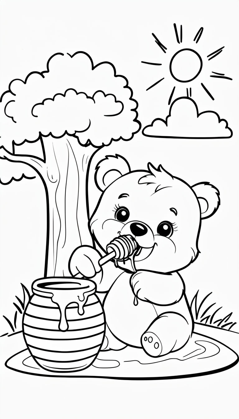 Playful Baby Bear Eating Honey Line Drawing Coloring Page