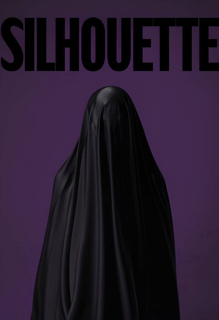 Mysterious Black Figure Silhouette Against Dark Purple Background Poster