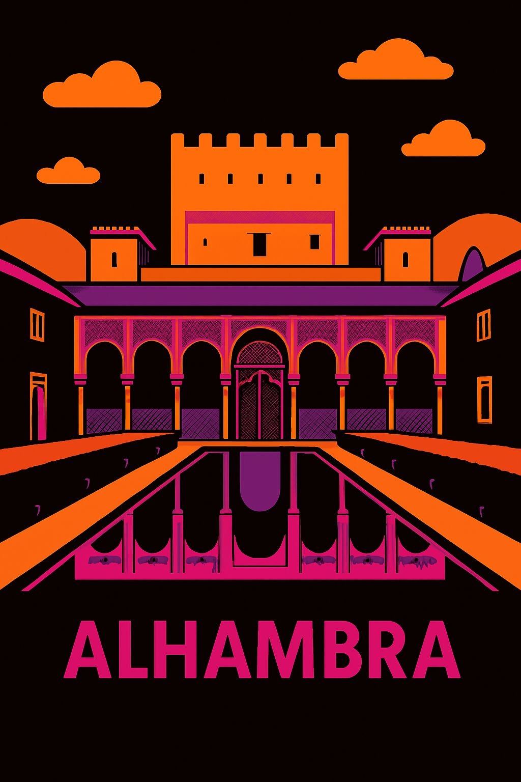 Vibrant Neon Alhambra Illustration with Symmetrical Design Poster