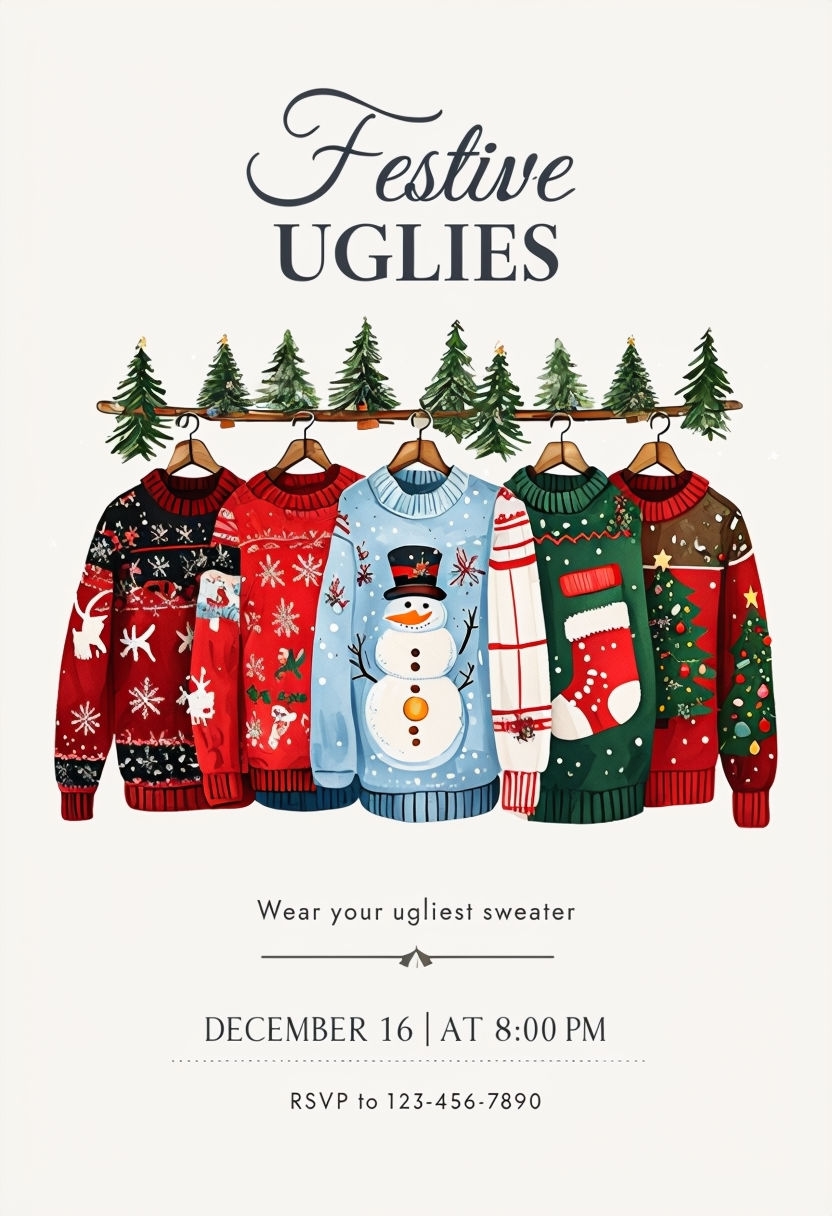 Cozy Ugly Sweater Party Invitation with Holiday Decor Art // Invite