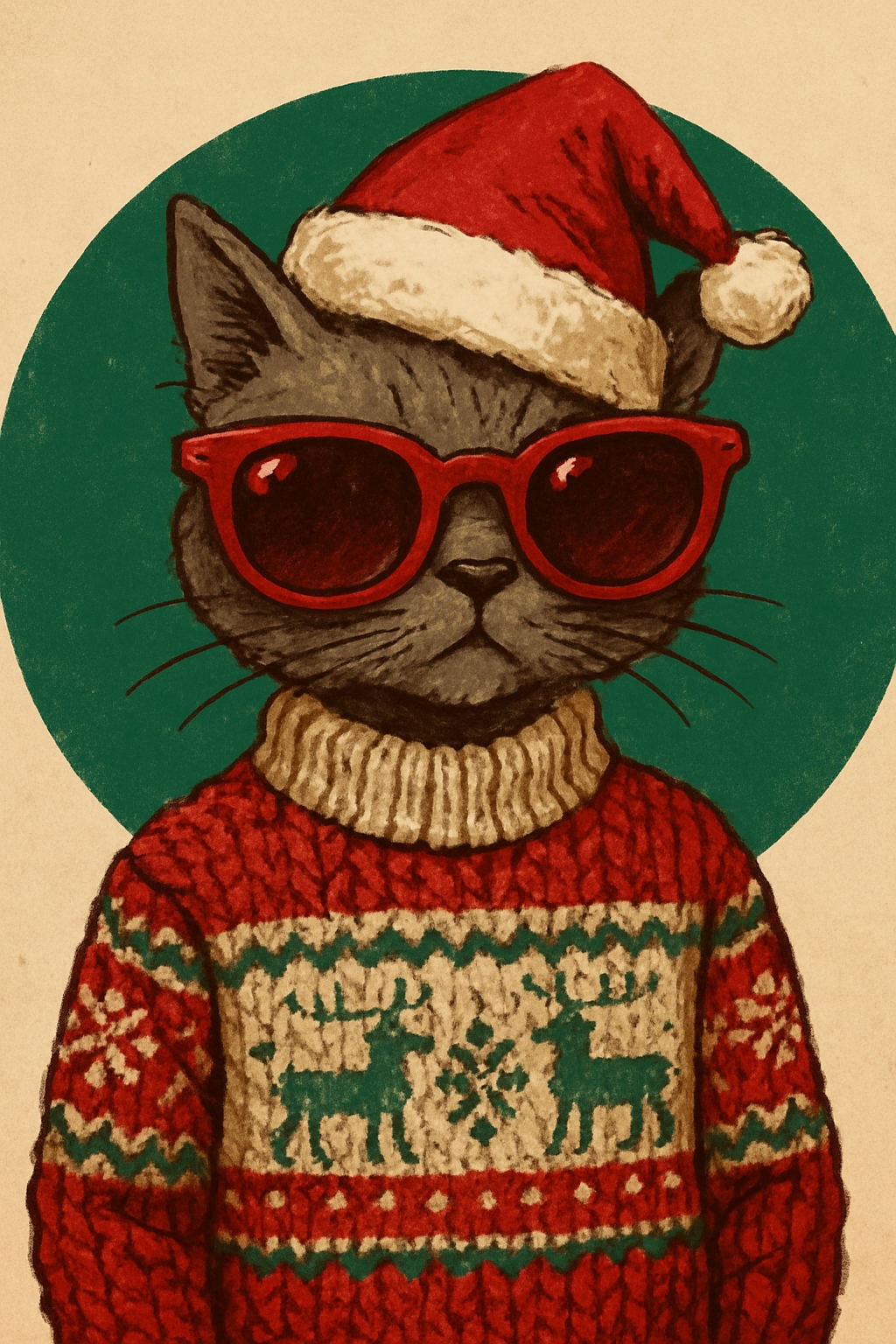 Festive Anthropomorphic Cat in Holiday Attire Illustration Art