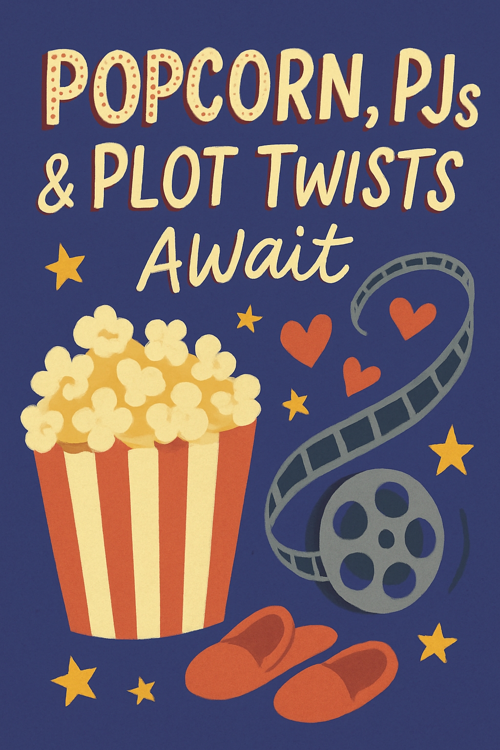 Cozy Movie Night Popcorn PJs Plot Twists Illustration Card 