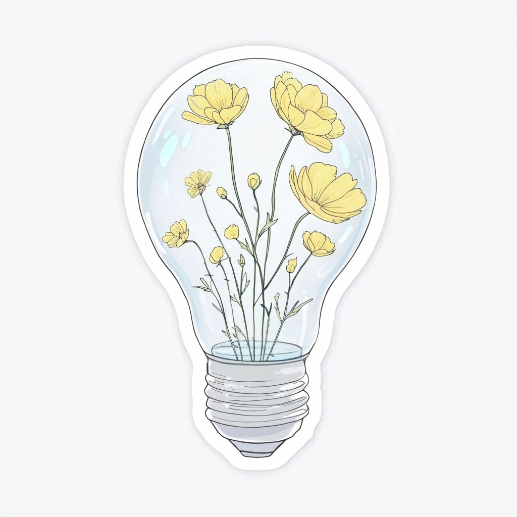 Floral Light Bulb Vase Illustration with Yellow Flowers Sticker