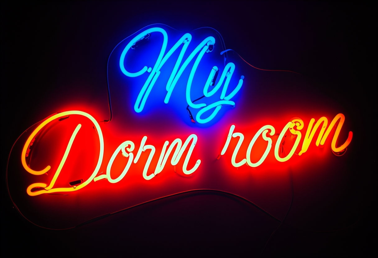 Vibrant Neon 'My Dorm Room' Sign Art Against Black Background Poster