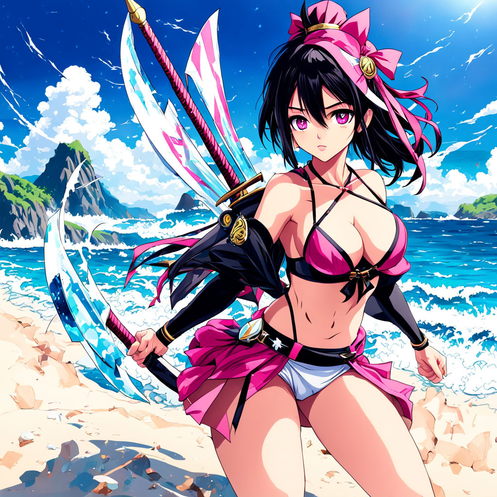 anime girl tomboy full body muscle tanned skin at the beach anime