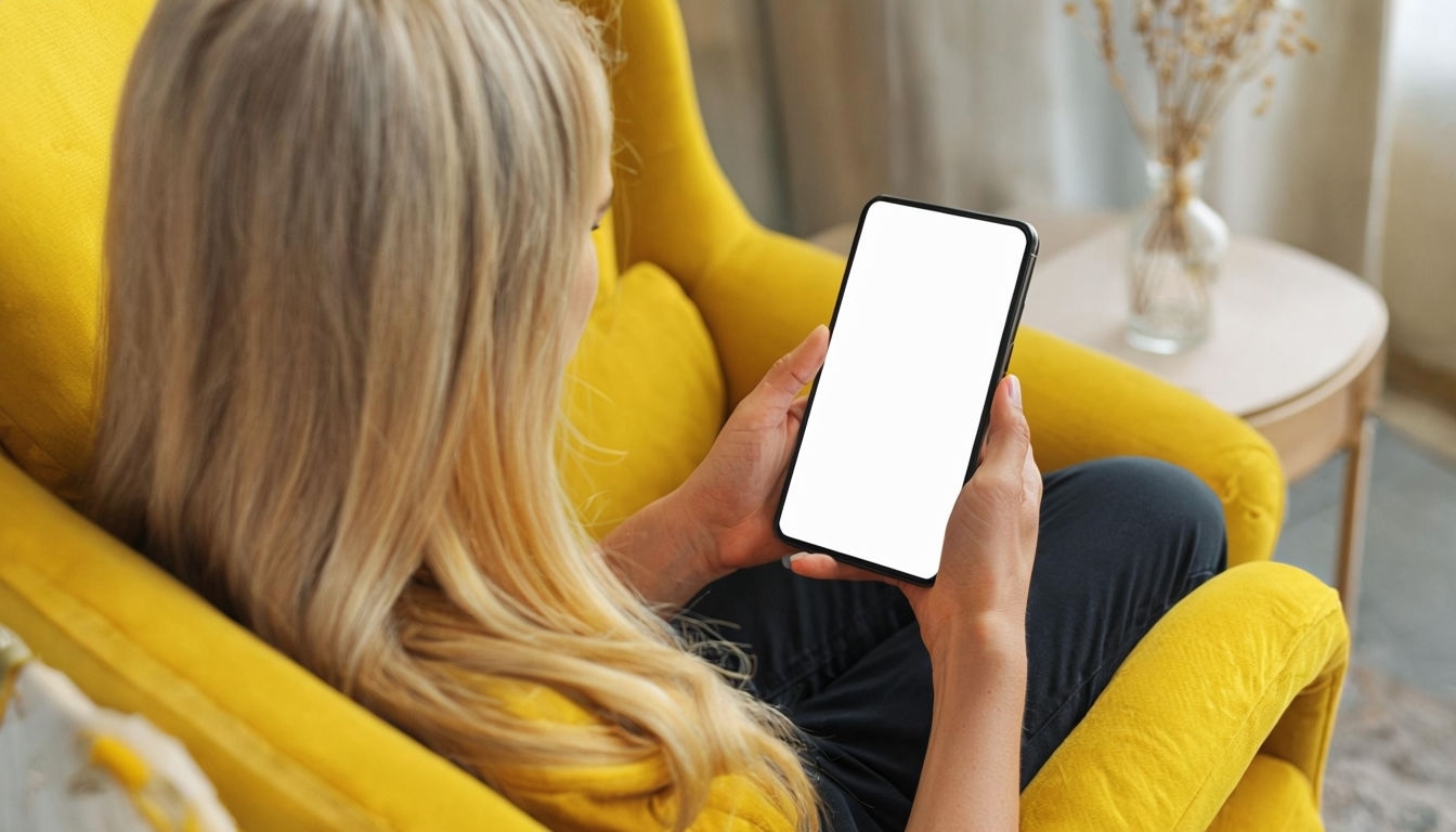 Cozy Digital Content Mockup with Smartphone in Yellow Armchair Mockup
