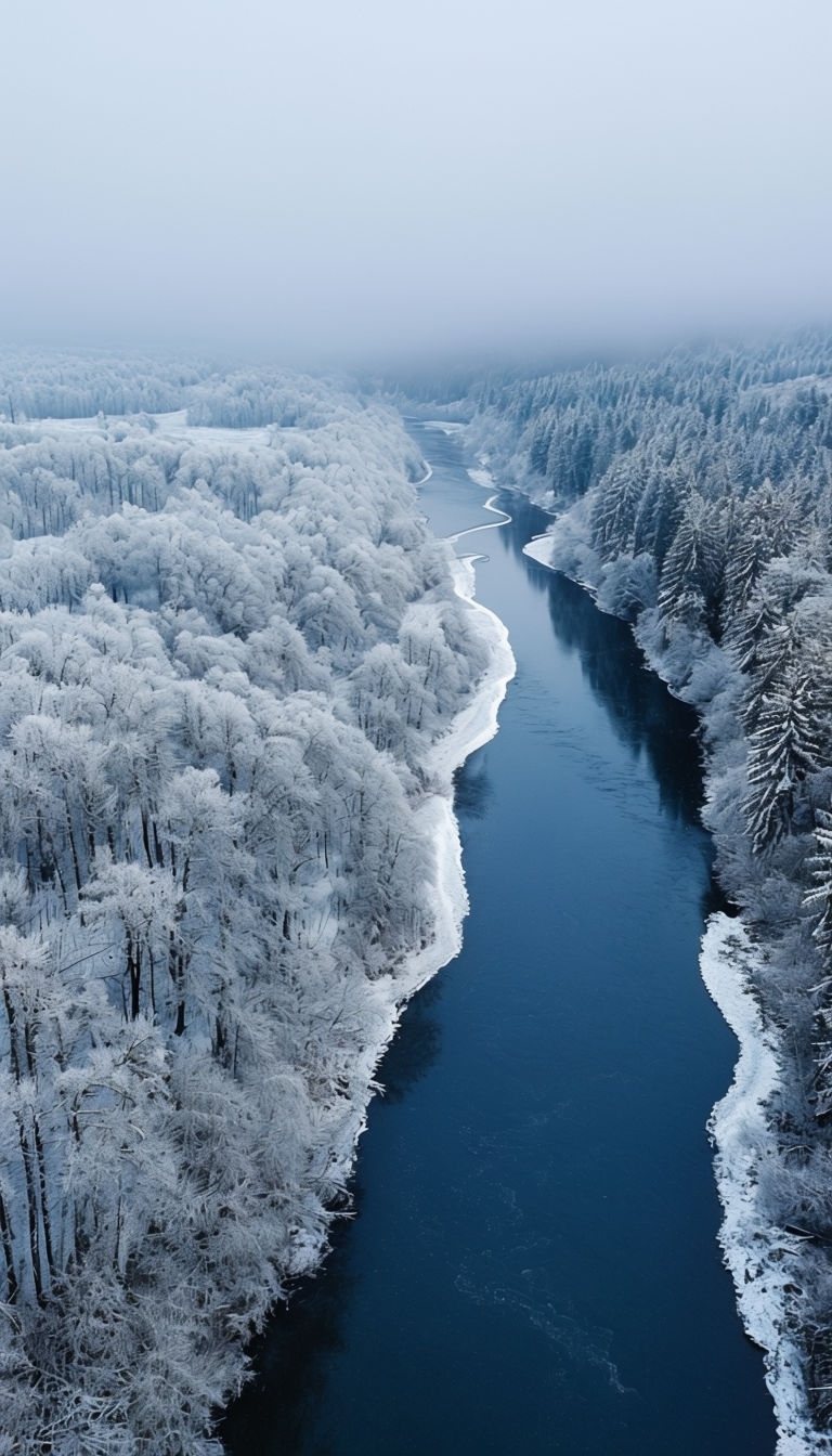 Serene Winter Landscape Aerial View with Winding River Mobile Wallpaper
