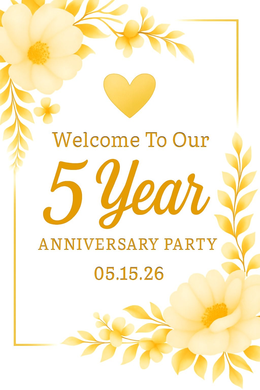 Amber Yellow Elegant 5 Year Anniversary Party Invitation Sign