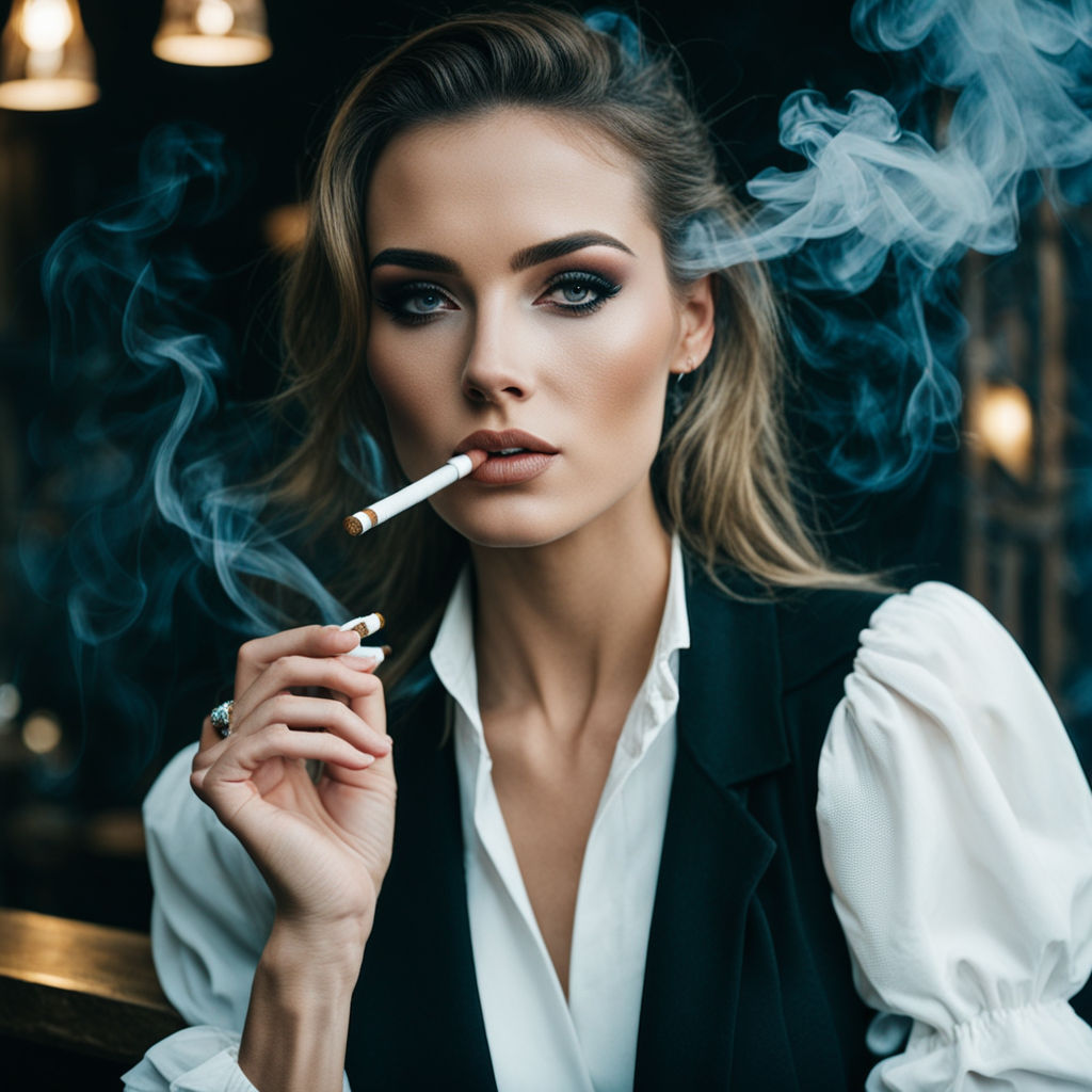 a black and white photo of a woman smoking a cigarette